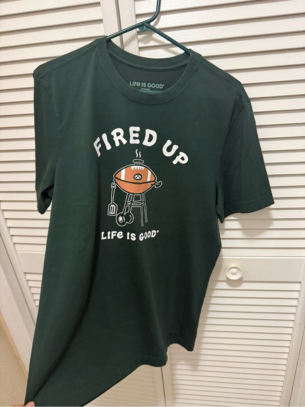 Life Is Good Dark Green "Fired Up" Graphic Tee with Orange Grill